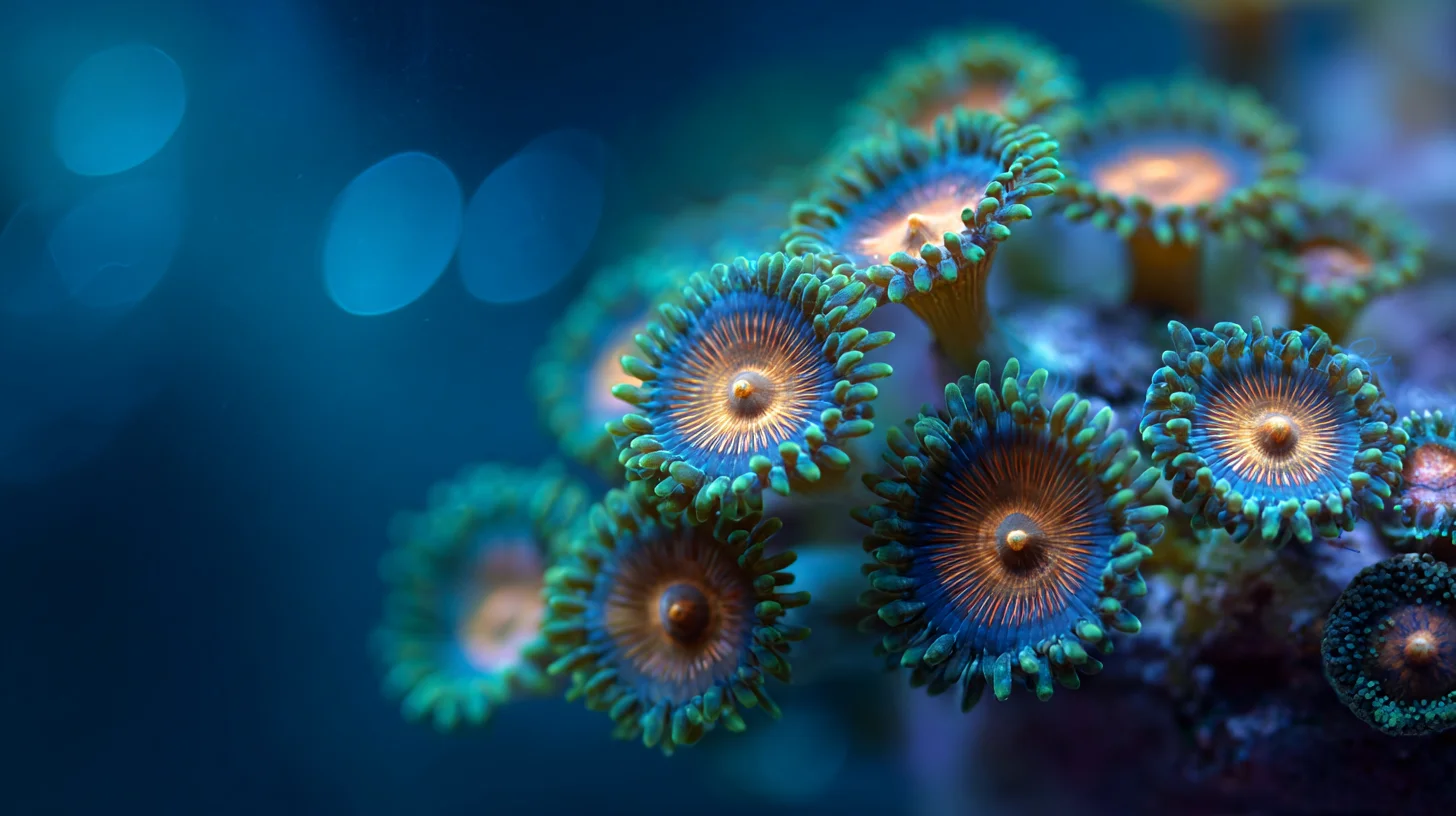 Zoanthus corals close-up in blue water